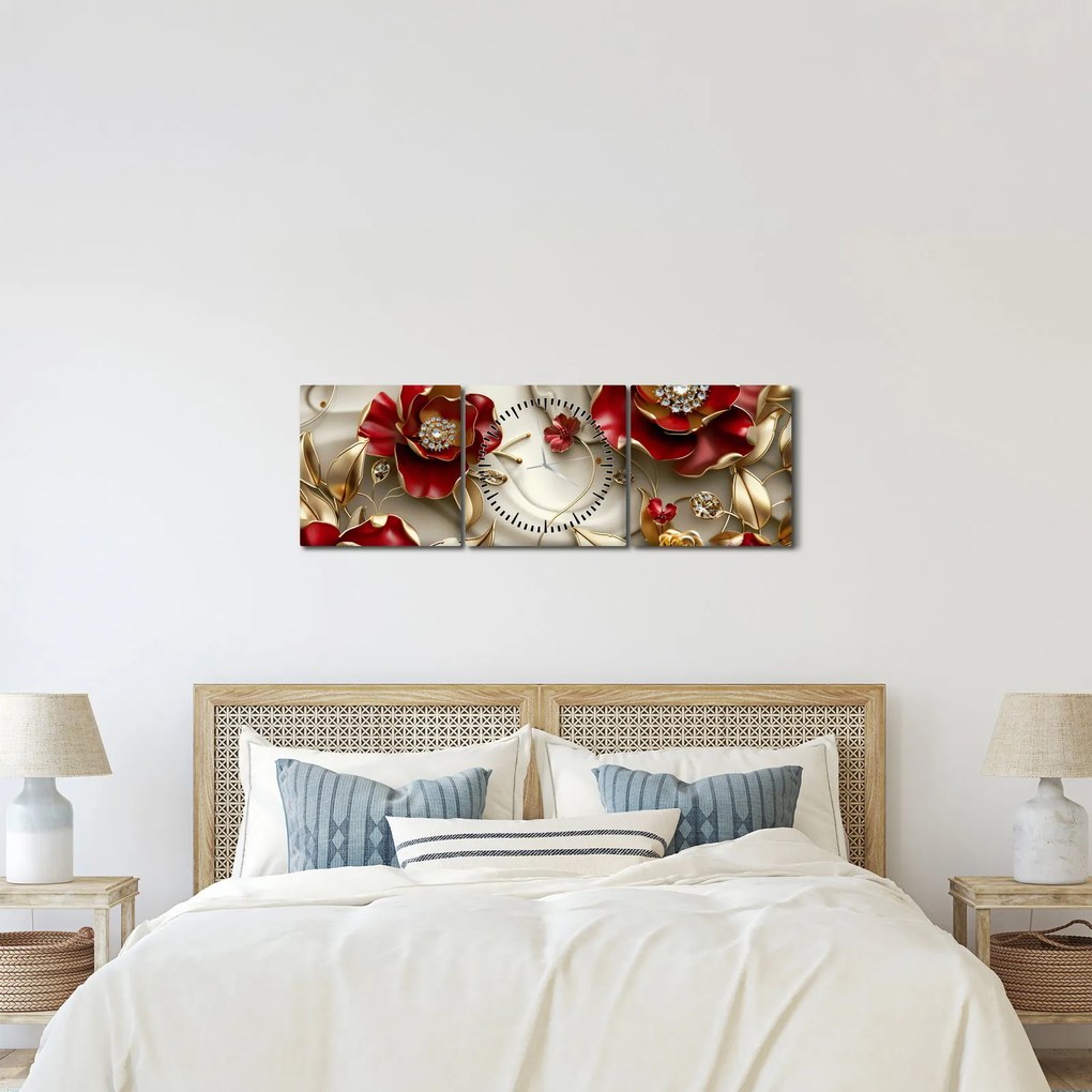 Tablou - Flori 3D Roșu-Auriu (cu ceas) (90x30 cm)