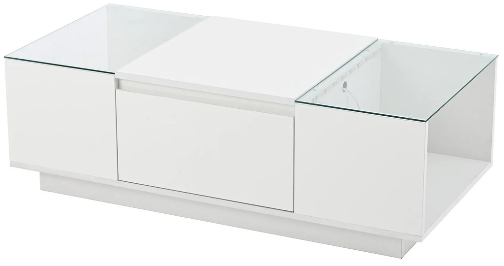 Masă de cafea cu spațiu de depozitare, iluminare ambientală LED, blat din sticlă și 2 sertare, 105x50x35 cm, Alb