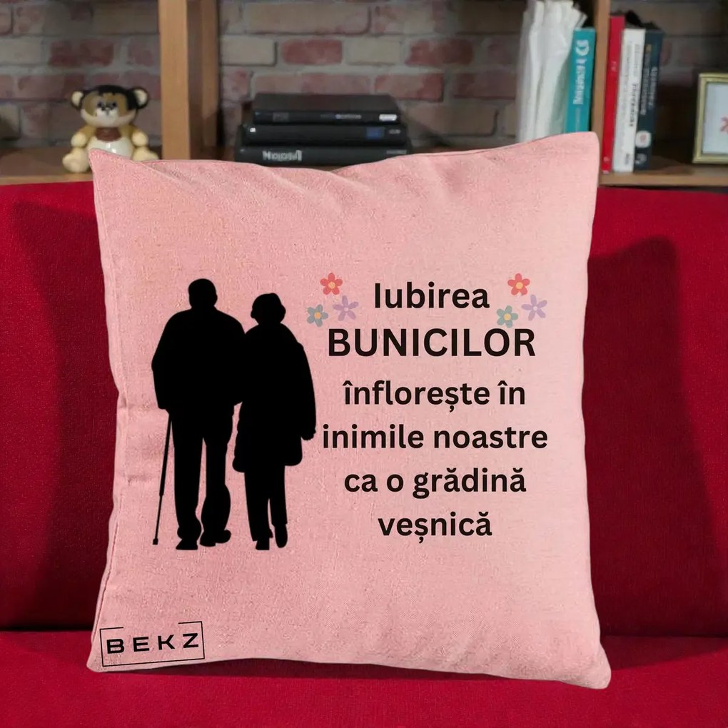 Cadou pentru Bunici - Perna Personalizata Bunicii Iubirea Infloreste Silueta Neagra Flori, 40x40 cm, Roz, Husa Detasabila, Perna Inclusa, BEKZ®