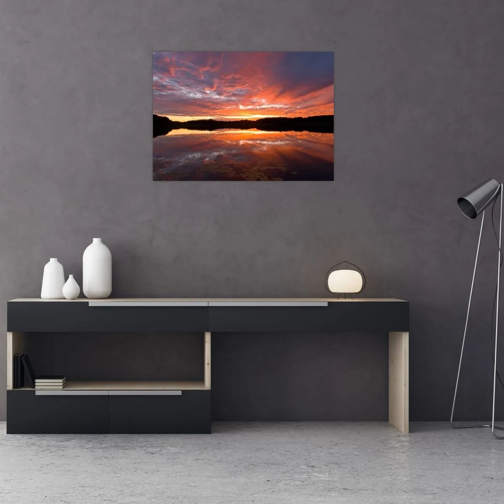 Tablou pe sticlă - Apus de soare peste lac (70x50 cm)