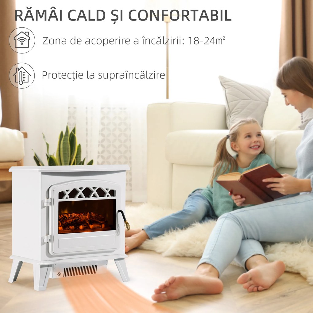 Homcom Soba Electrica de Sol cu Efect Flama Reglabila 1800W, Alb, 51x31x56cm