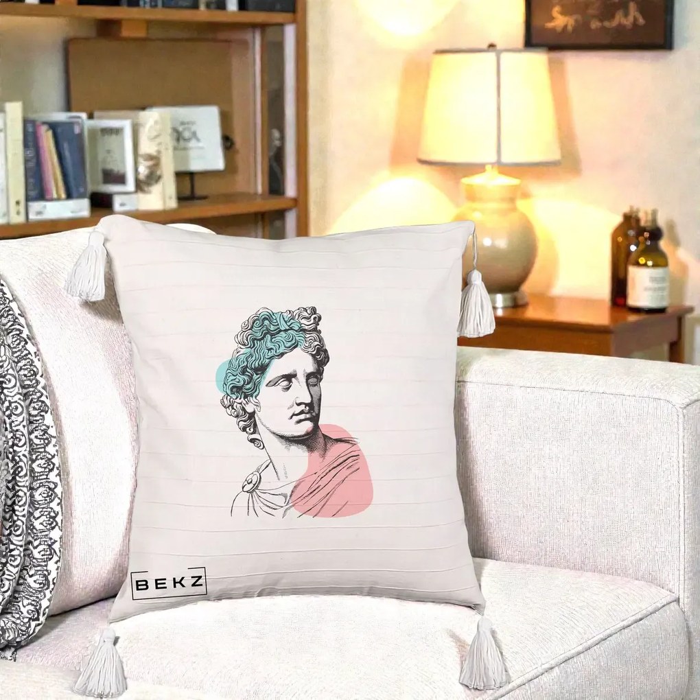 Perna Decorativa Bust Grec Vaporwave, 40x40 cm, Bej cu Franjuri, Husa Detasabila, Perna Inclusa, BEKZ®