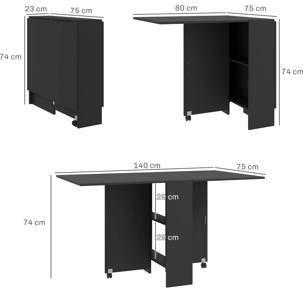 HOMCOM Masă Pliantă din Lemn cu Roți, pentru 4-6 Persoane, 75x140x75 cm, Negru | Aosom Romania