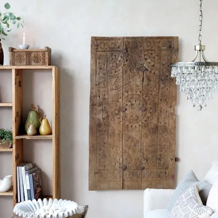 Ușă decorativă din lemn vechi reciclat sculptat manual, "Grimaud"