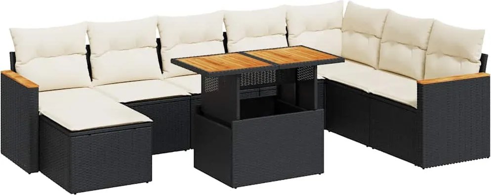 vidaXL Set mobilier grădină perne 9 piese negru poliratan/lemn acacia
