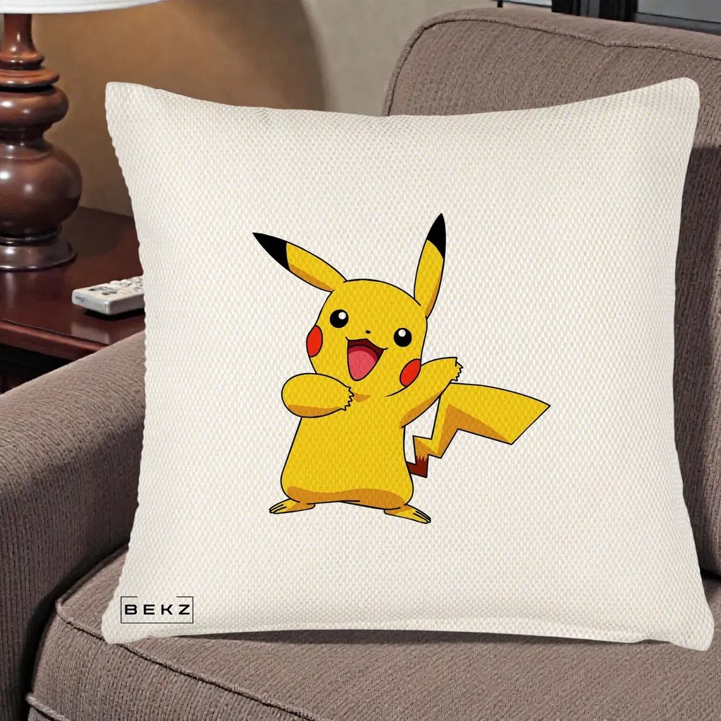 Perna Personalizata Pikachu Fericit, 40x40 cm, Crem Reliefat, Husa Detasabila, Perna Inclusa, BEKZ®