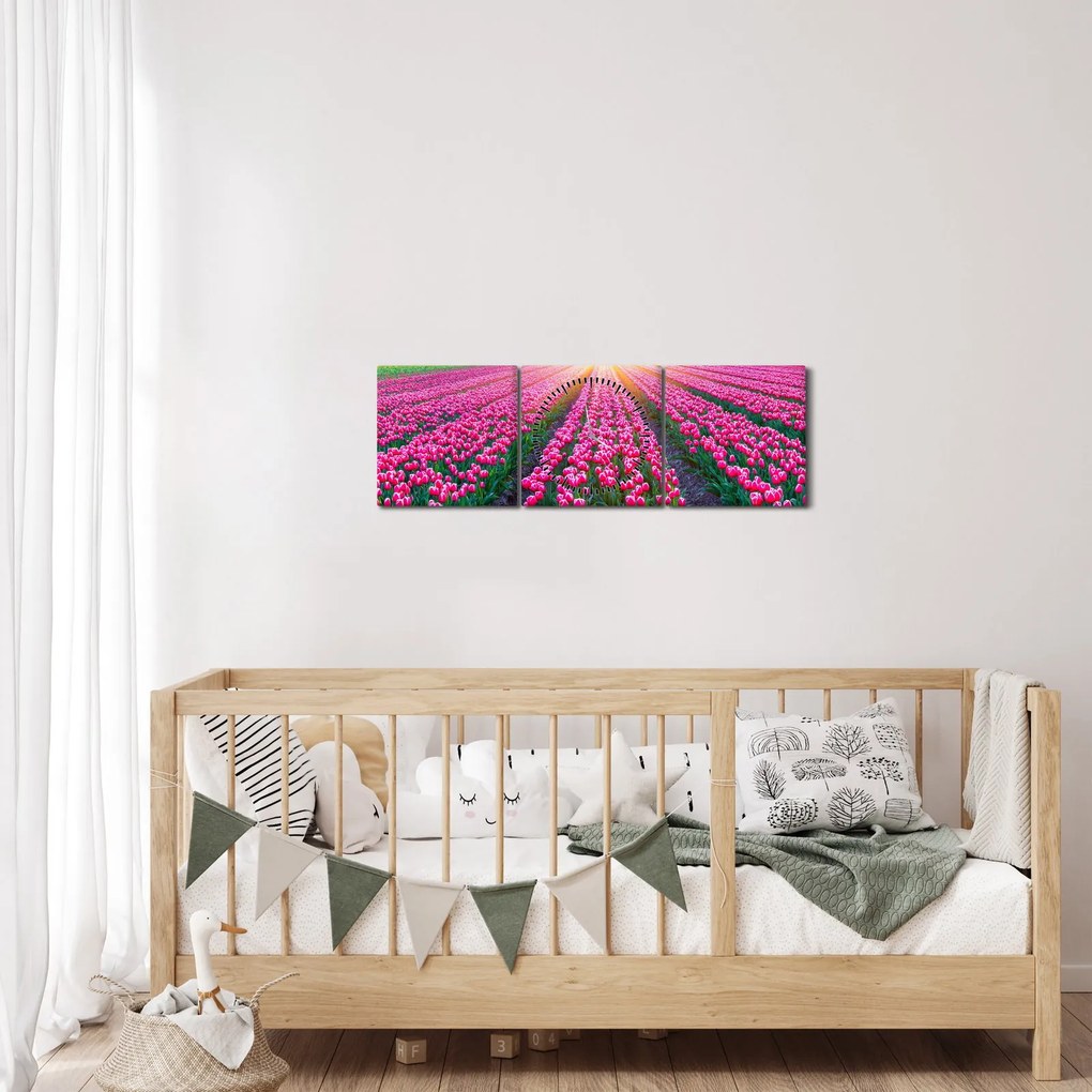 Tablou cu câmp de lalele cu soare (cu ceas) (90x30 cm)