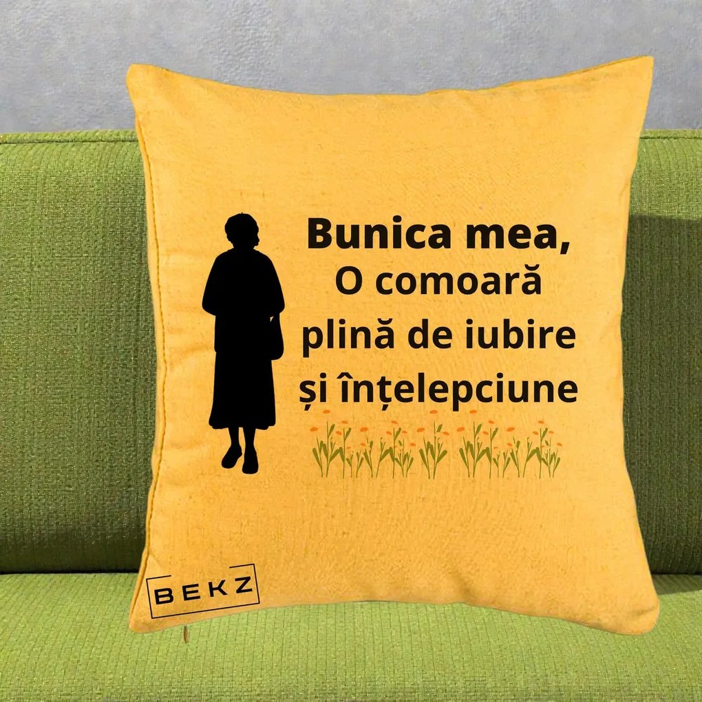 Cadou pentru Bunica - Perna Personalizata Bunica Mea Comoara Iubire Intelepciune Silueta cu Nepoata, 40x40 cm, Galben, Husa Detasabila, Perna Inclusa, BEKZ®