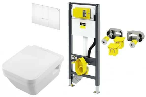 Set vas WC rimless suspendat, Villeroy&amp;Boch Architectura, cu capac inchidere lenta, rezervor si clapeta Viega Prevista