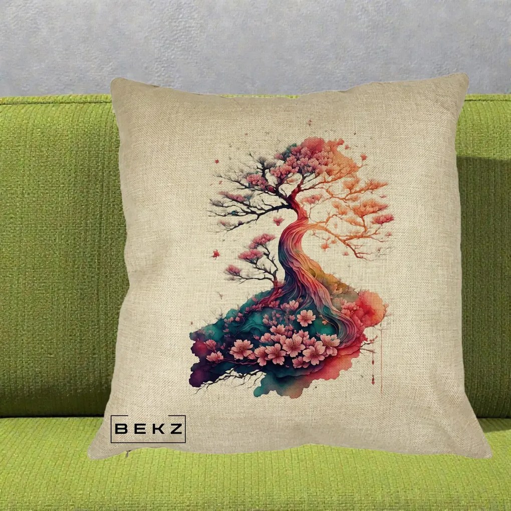Perna Decorativa Copac Sakura Acuarela Fantasy, 40x40 cm, Crem, Husa Detasabila, Perna Inclusa, BEKZ®