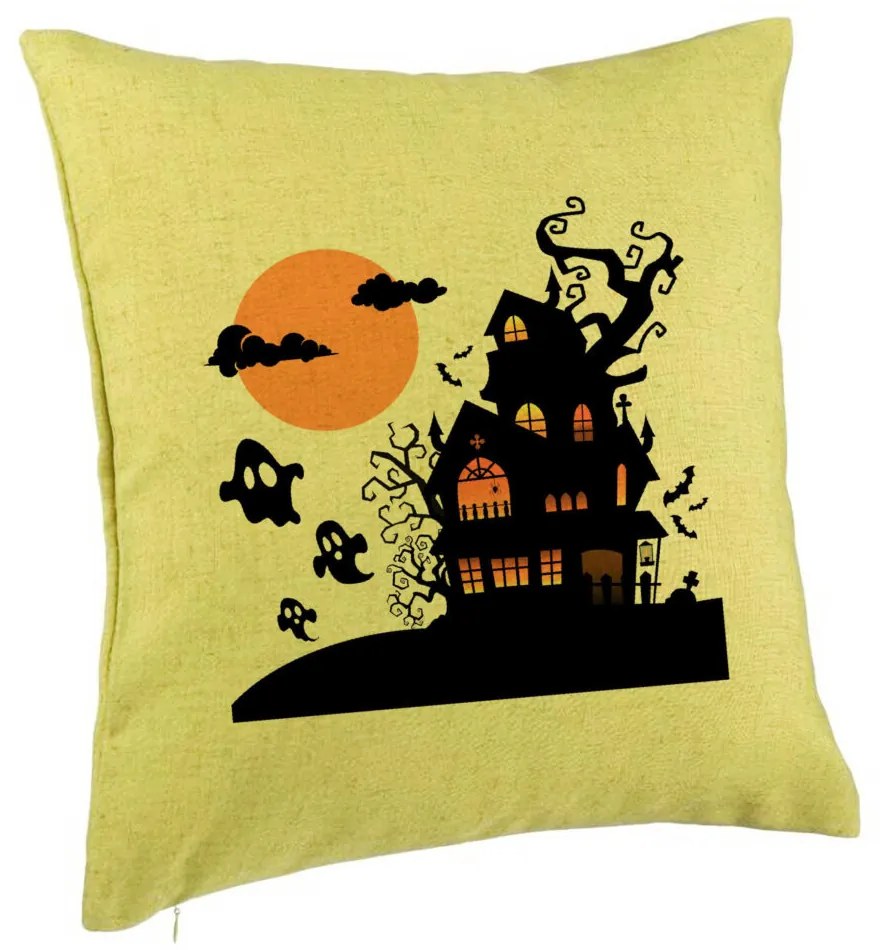 Perna Decorativa cu motiv de Halloween 4, 40x40 cm, Verde, Husa Detasabila, Burduf