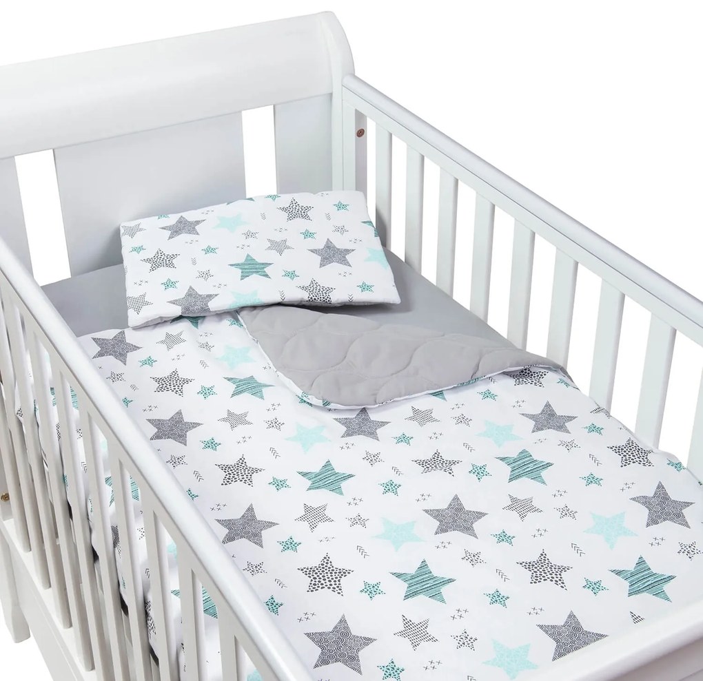 Set lenjerie matlasata 3 piese Kidizi All Mint Stars, include perna, plapumioara si cearceaf