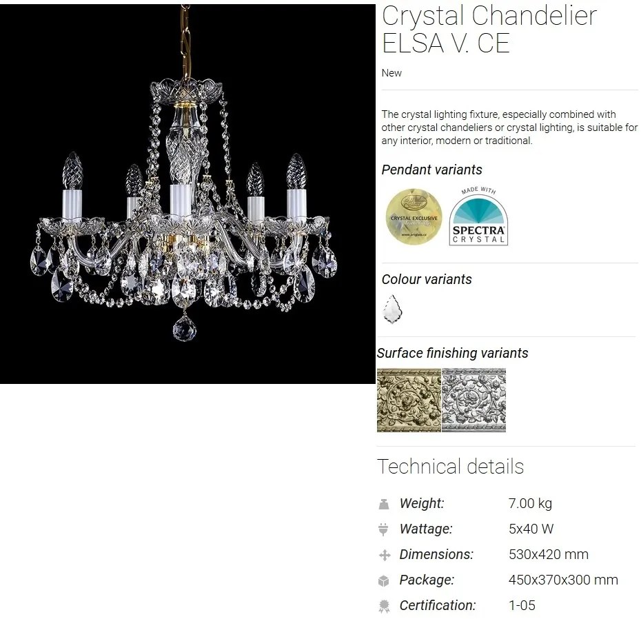 Candelabru elegant cu 5 brate Cristal Bohemia Exclusive ELSA V. CE
