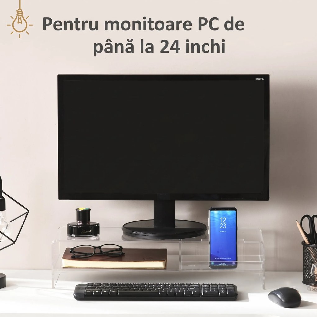 HOMCOM Suport Monitor Acrilic cu 2 Rafturi, Suport Ergonomic pentru PC, Transparent, 50.8x19x12 cm, Ideal pentru Birouri Moderne | Aosom Romania