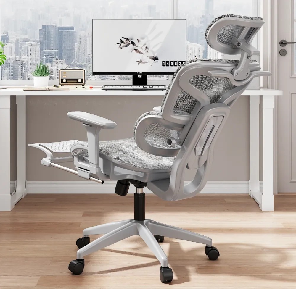 Scaun ergonomic, functie translatie sezut, cotiere reglabile 3D, tetiera 6D, suport lombar reglabil, spătar reglabil inaltime, pivotant, suport picioare, Gri