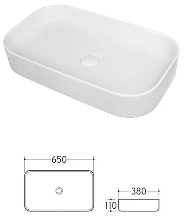 Lavoar pe blat alb lucios 65 cm, dreptunghiular, Fluminia Capri 650x380 mm