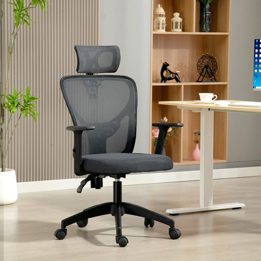 Vinsetto Scaun de Birou cu Inaltime Reglabila, 66x61x106-116cm, Gri Închis | Aosom Romania