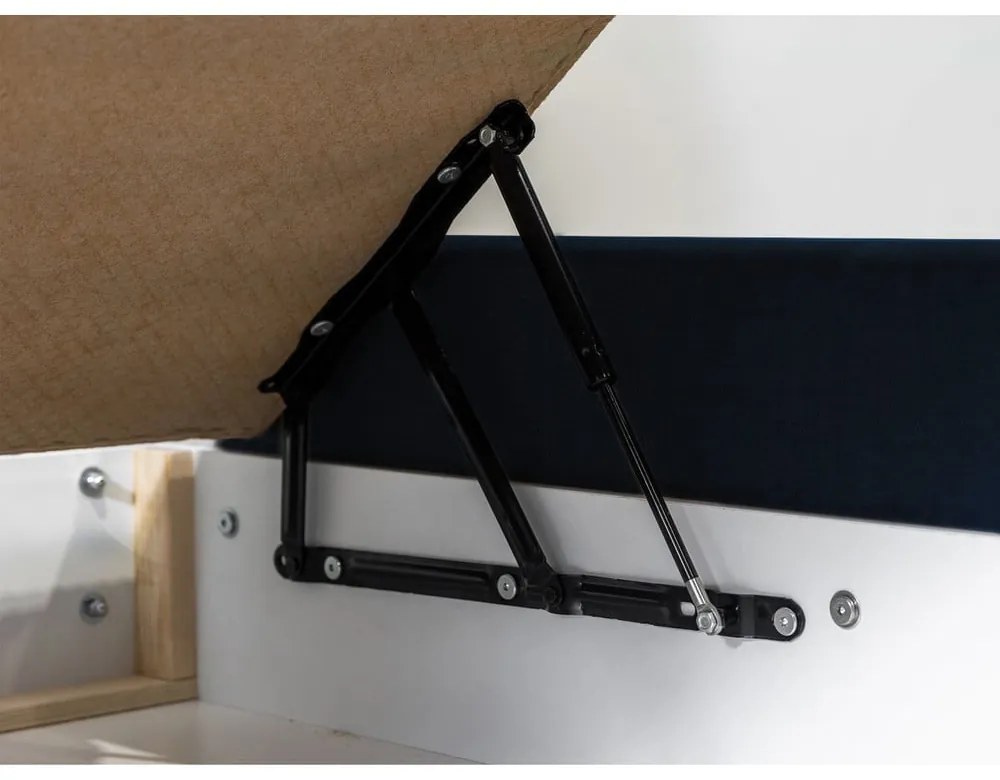 Pat matrimonial 160x200 cm albastru închis tapițat cu spațiu de depozitare cu somieră Jade – Bobochic Paris