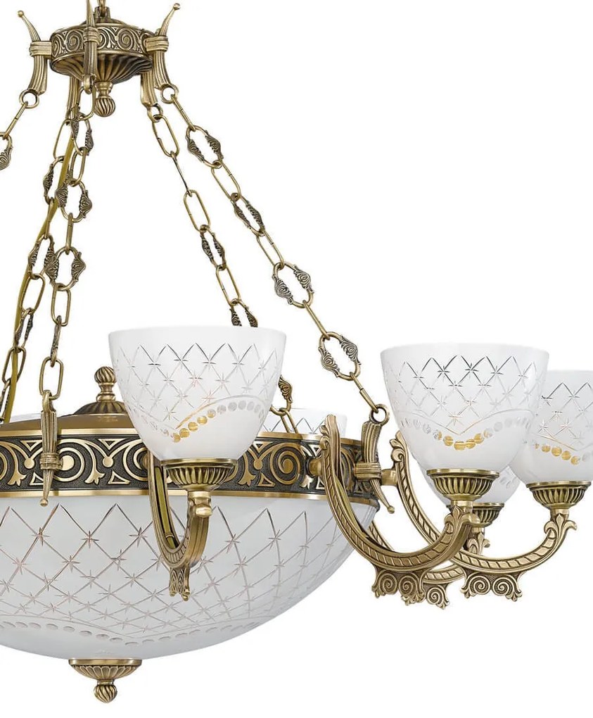 Candelabru cu 10 brate clasic design italian din alama, sticla 7052 RA-L. 7052/10+4