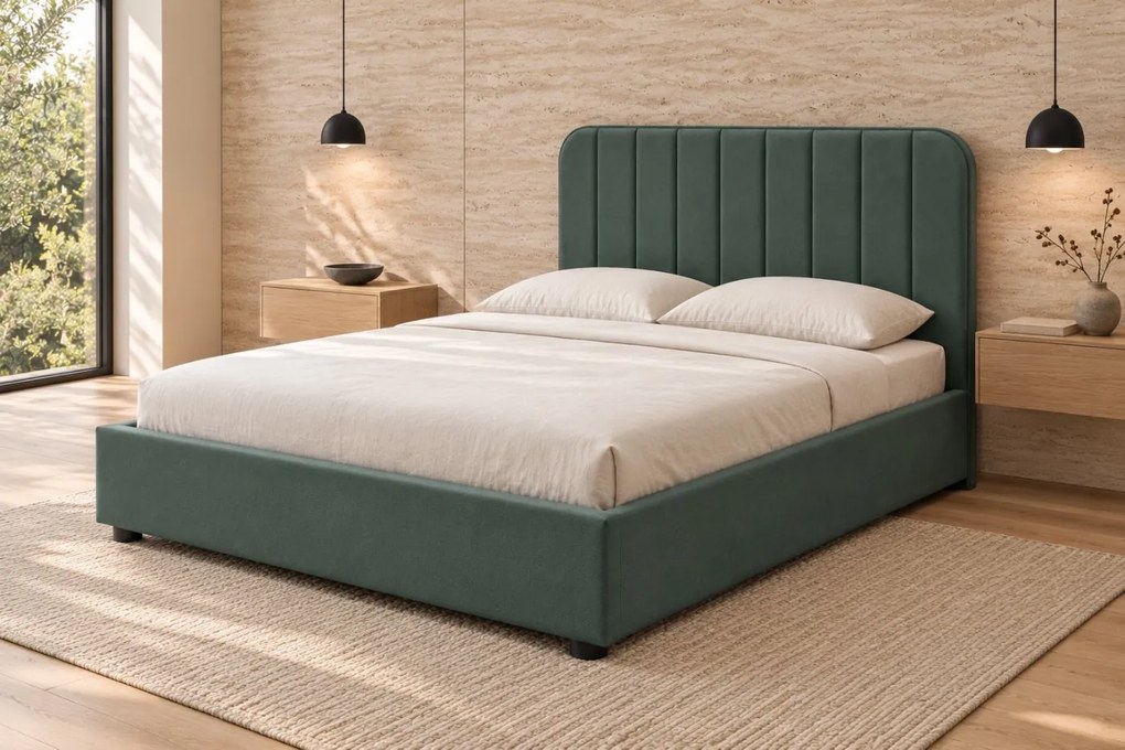 Pat tapițat din stofă Calista 160×200 cm, verde marin, cu ladă de depozitare