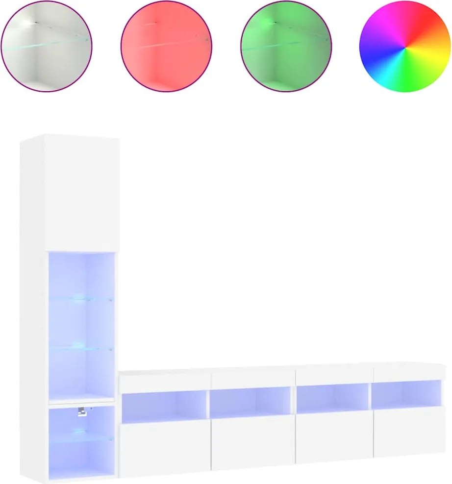 vidaXL Unități de perete TV cu LED-uri, 4 piese, alb, lemn prelucrat