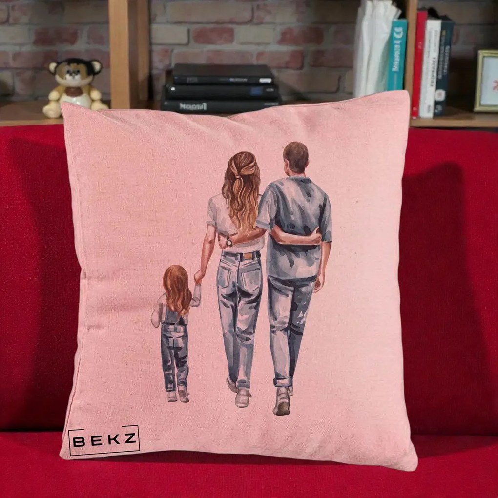Cadou pentru Familie - Perna Personalizata Familie Acuarela Jeans, 40x40 cm, Roz, Husa Detasabila, Perna Inclusa, BEKZ®