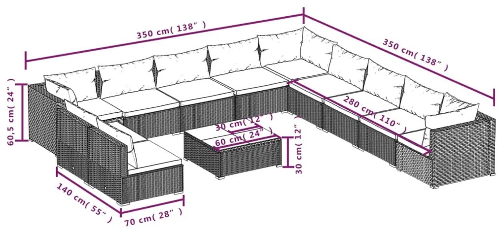 Set mobilier de gradina cu perne, 12 piese, maro, poliratan maro si rosu scortisoara, 3x colt + 8x mijloc + masa, 1