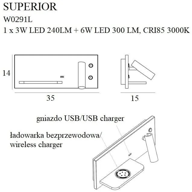 Aplica de perete cu spot LED, lumina ambientala, mufa USB si incarcare wireless, SUPERIOR alb