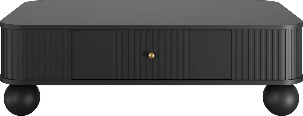 Măsuță de cafea Vesper 103x60 cm cu sertar - negru cu mânere aurii și picioare sferice