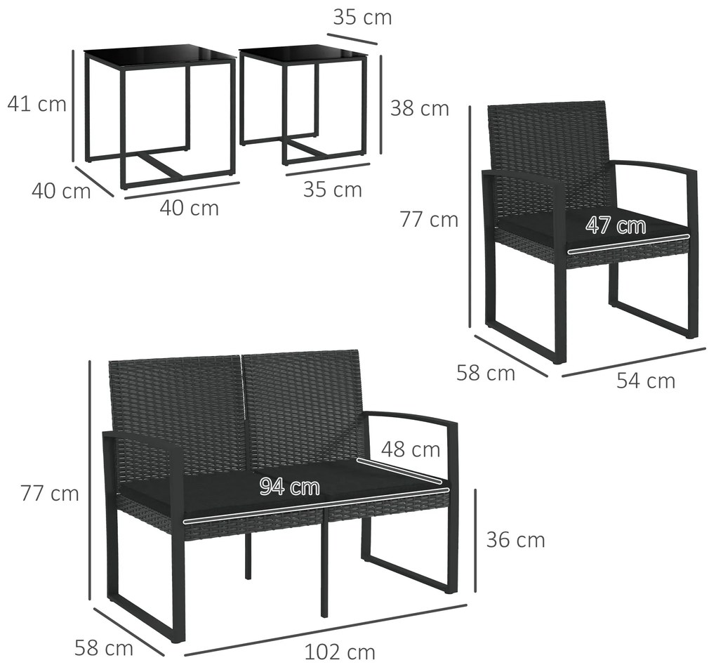 Outsunny Set Mobilier de Grădină din Ratan PP 5 Piese, Canapea cu Perne, Set Canapea pentru Exterior, Negru | Aosom Romania