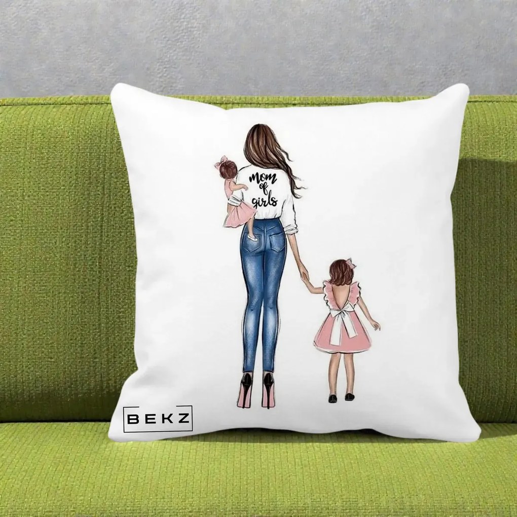 Cadou pentru Mama - Perna Personalizata Mom of Girls Mama cu Fetele, 40x40 cm, Alba Mata, Husa Detasabila, Perna Inclusa, BEKZ®