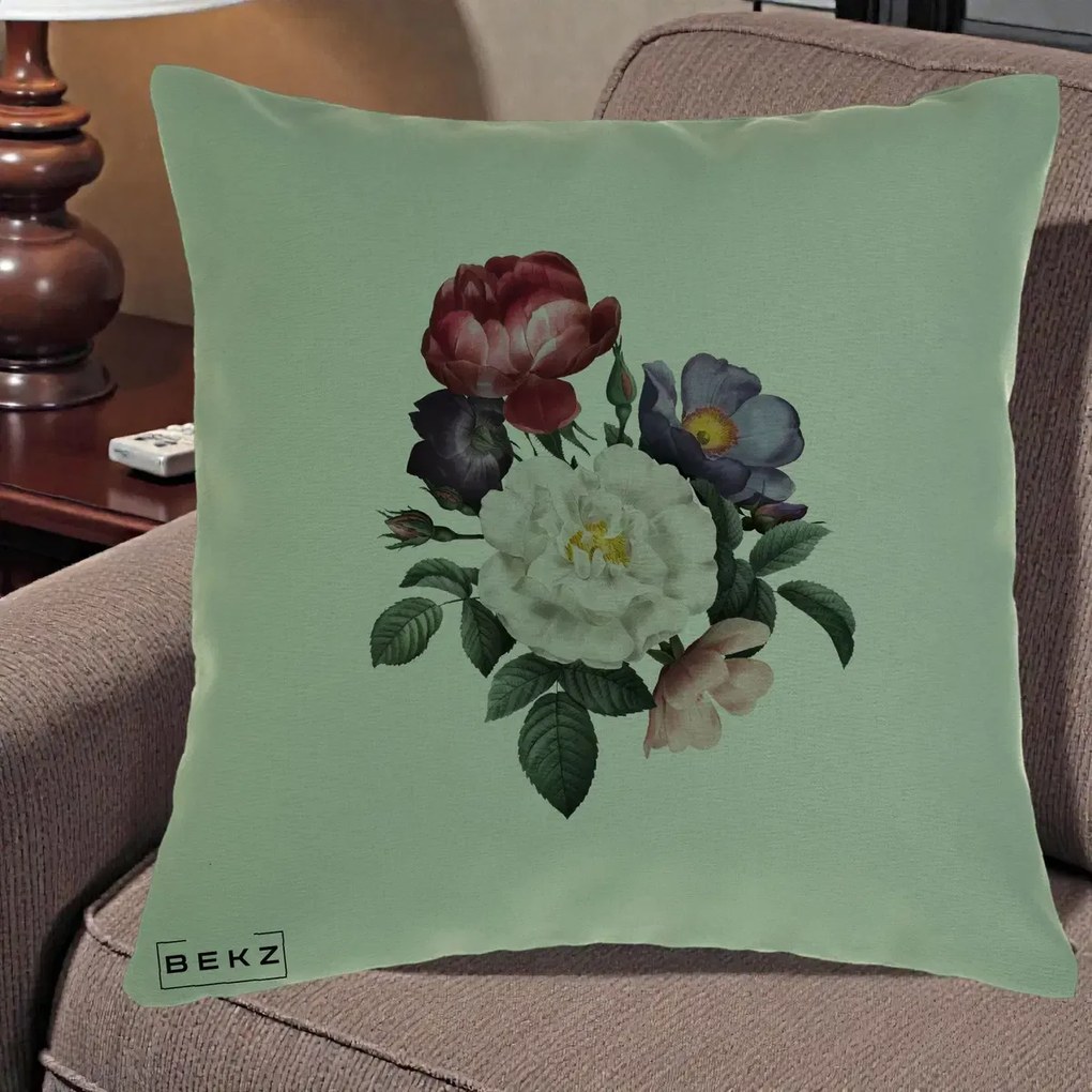 Perna Decorativa Buchet Trandafiri Bujori Botanical, 40x40 cm, Verde, Husa Detasabila, Perna Inclusa, BEKZ®