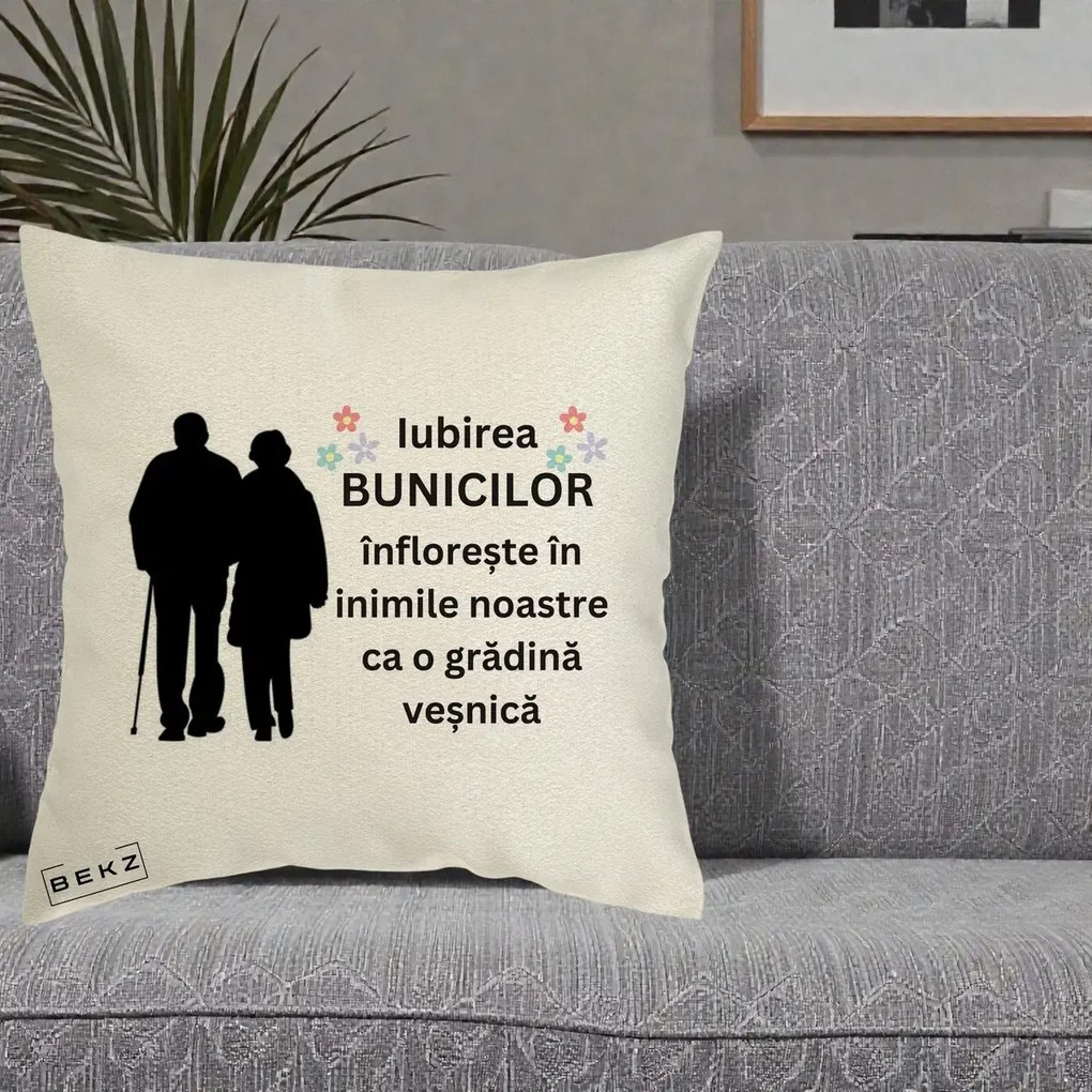 Cadou pentru Bunici - Perna Personalizata Bunicii Iubirea Infloreste Silueta Neagra Flori, 40x40 cm, Ecru, Husa Detasabila, Perna Inclusa, BEKZ®