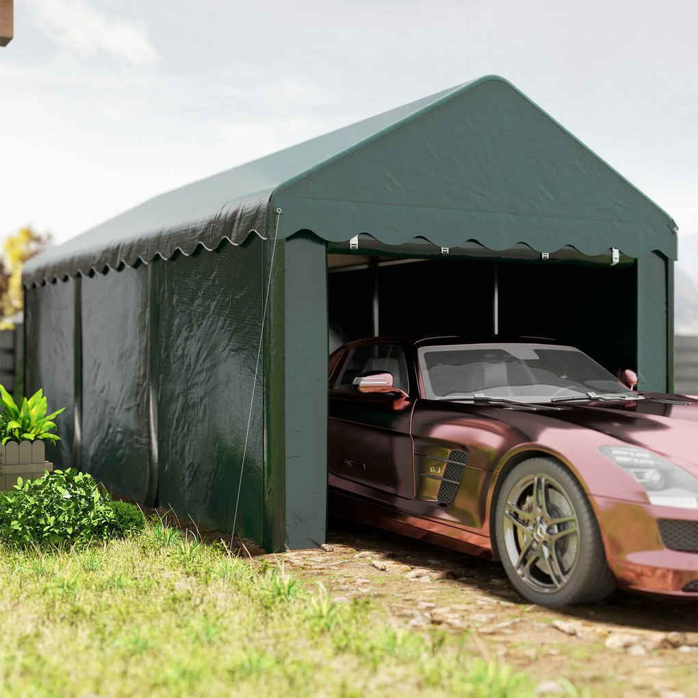 Outsunny Carport tente garage 3 x 6m Acoperiș mașină robust cu 2 uși înfășurate, țesătură 200g PE, verde | Aosom Romania