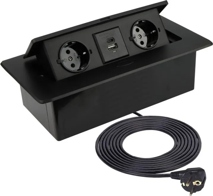 Priză încorporabilă în blat Kombibox Design Light, 2 prize Schuko, USB A + C, negru, 266 x 133 mm Metal, L:266 mm; l:133 mm, Negru