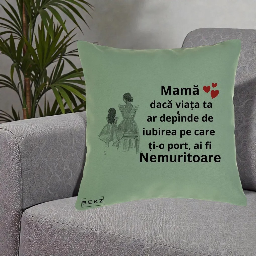 Cadou pentru Mama - Perna Personalizata Mama Nemuritoare Line Art, 40x40 cm, Verde, Husa Detasabila, Perna Inclusa, BEKZ®