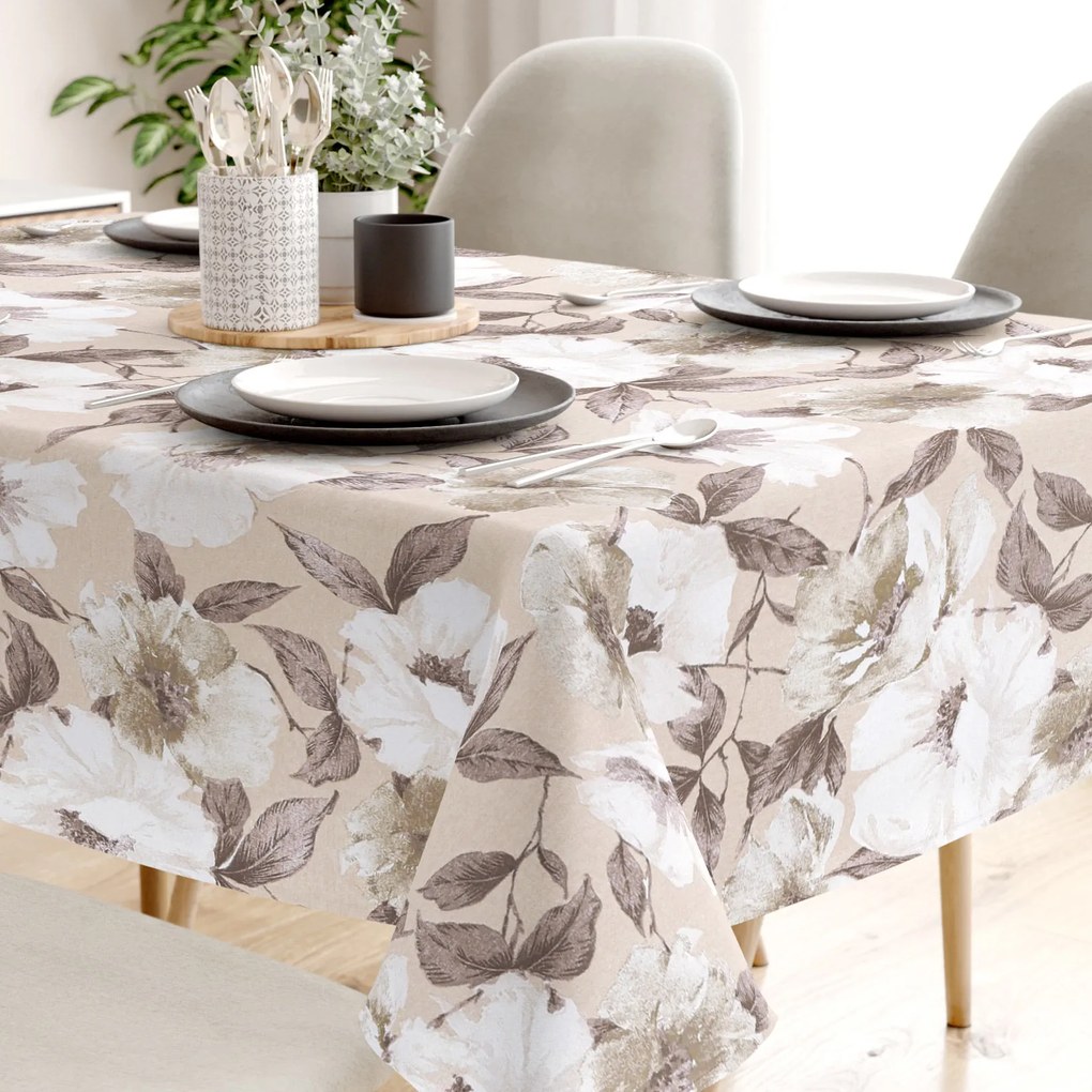 Goldea față de masă decorativă loneta - flori albe și maro cu frunze 120 x 140 cm