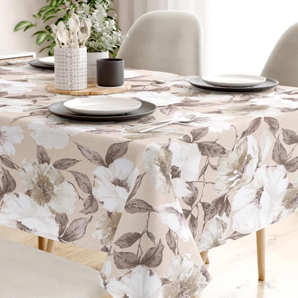 Goldea față de masă decorativă loneta - flori albe și maro cu frunze 120 x 180 cm