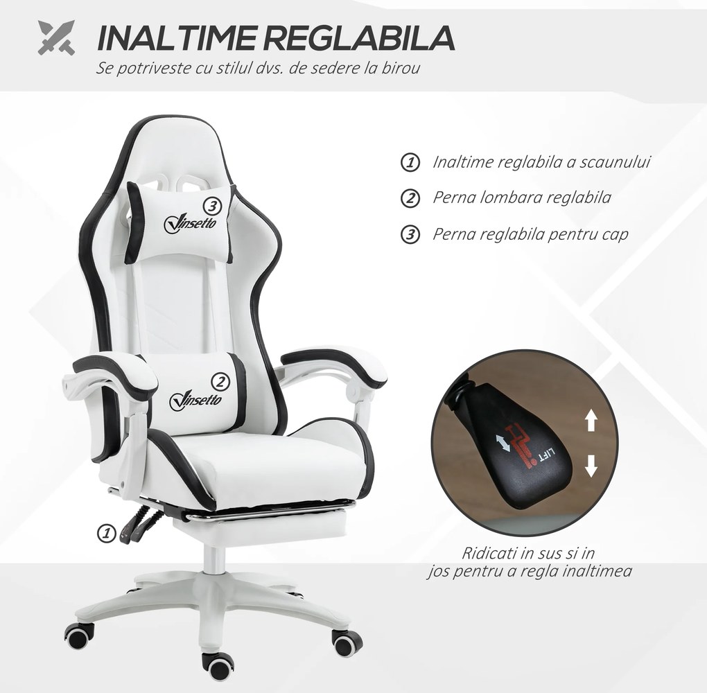 Vinsetto Scaun Gaming Reglabil pe Înălțime, Rabatabil și cu Suport pentru Picioare, Alb | Aosom Romania