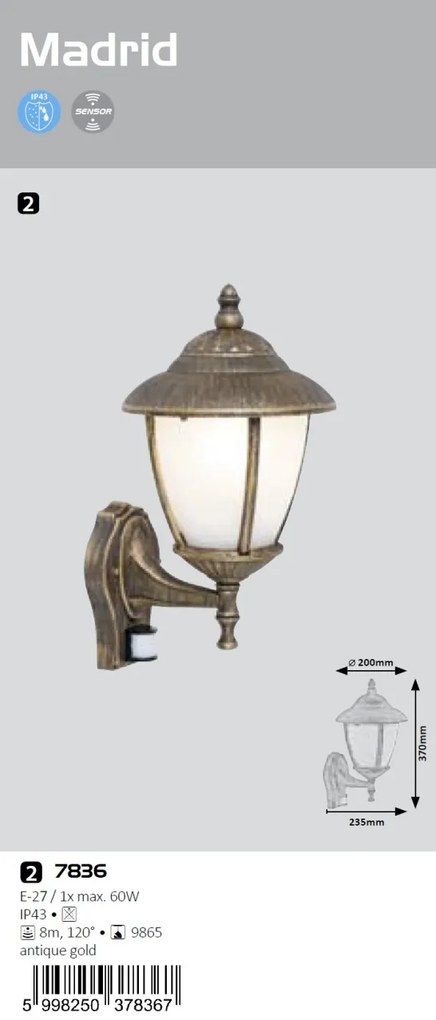 Aplica perete exterior cu senzor de miscare IP43 Madrid 7836 RX