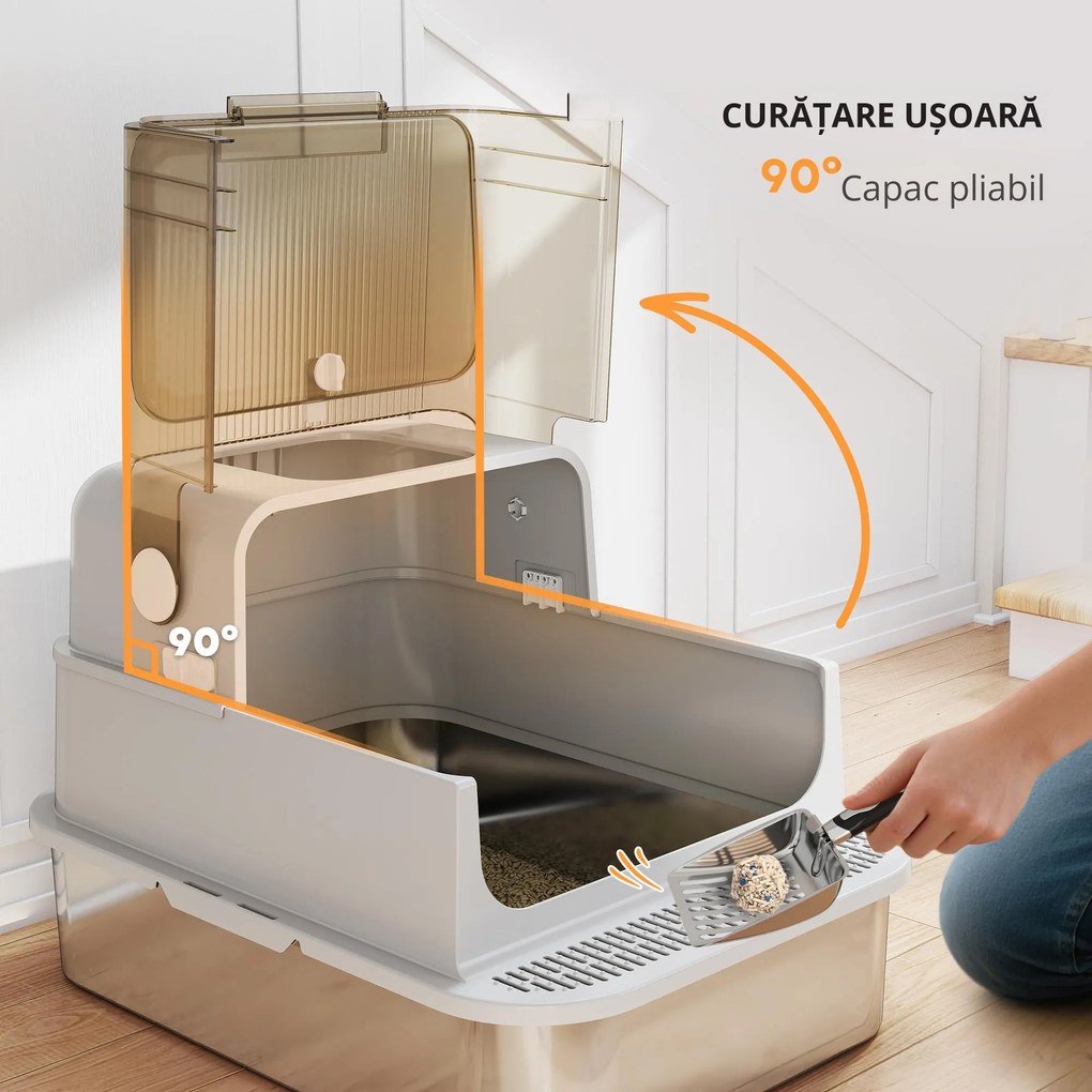 Litieră pentru Pisici PawHut XXL din Oțel Inoxidabil cu Capac Rabatabil la 90° Gri | Aosom Romania
