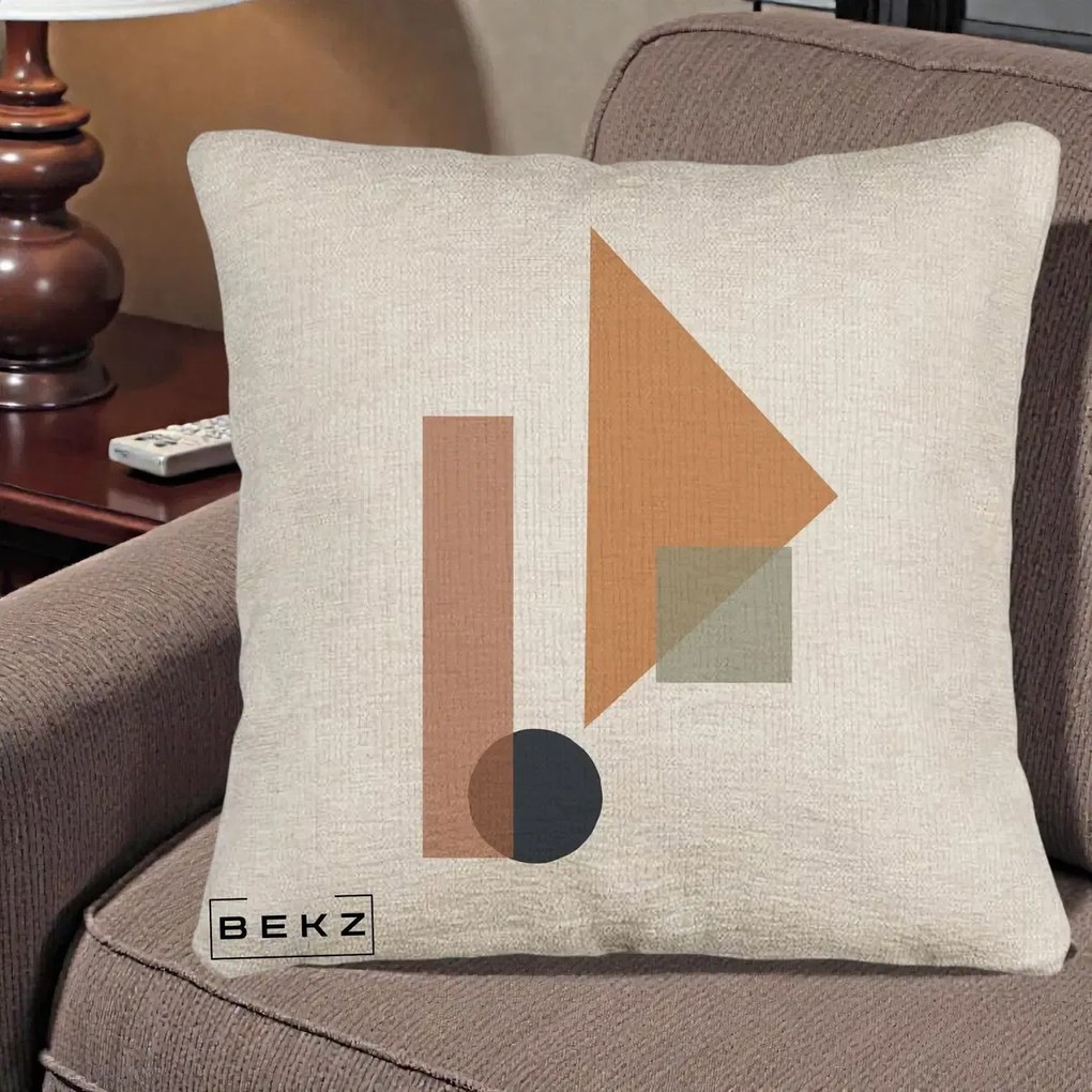 Perna Decorativa Geometric Bauhaus Triunghi, 40x40 cm, Bej Canapea, Husa Detasabila, Perna Inclusa, BEKZ®