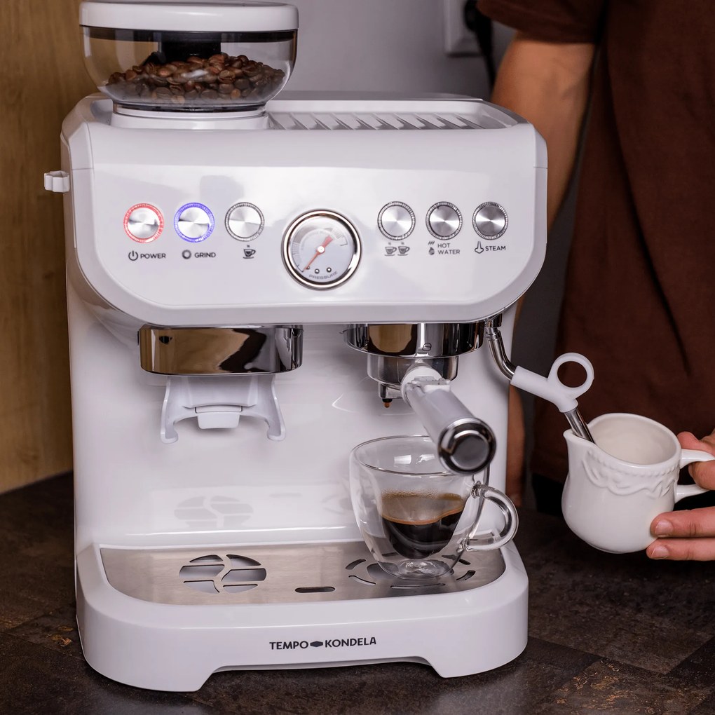 TEMPO-KONDELA BERNY, aparat de cafea cu manetă cu râşniţă, alb