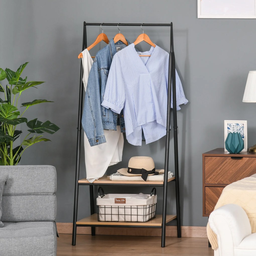 HOMCOM Suport pentru haine, suport pentru pantofi și accesorii de stil contemporan în formă triunghiulară dim. 64L x 43l x 149H cm 2 rafturi MDF lemn deschis oțel negru | Aosom Romania