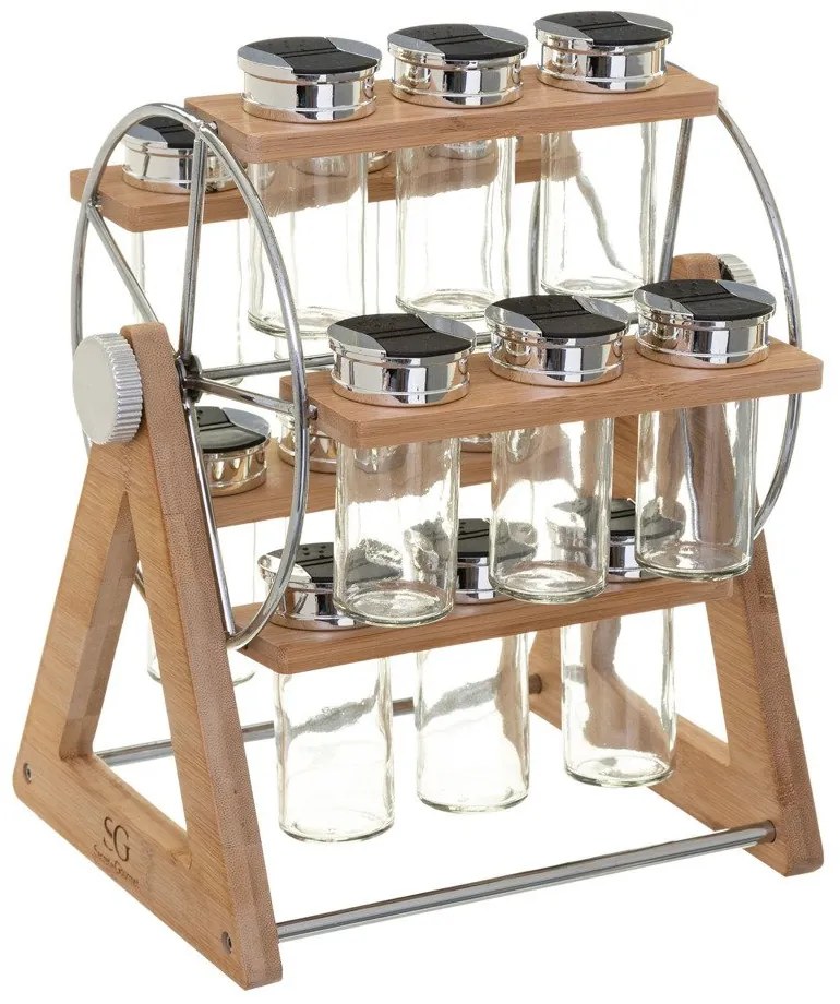 Raft pentru condimente din bambus + 15 recipiente, set