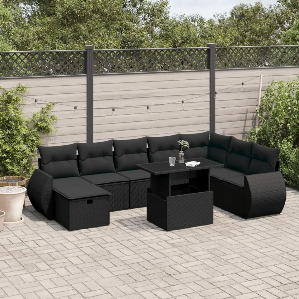 Set mobilier de grădină cu perne, 9 piese, negru, poliratan