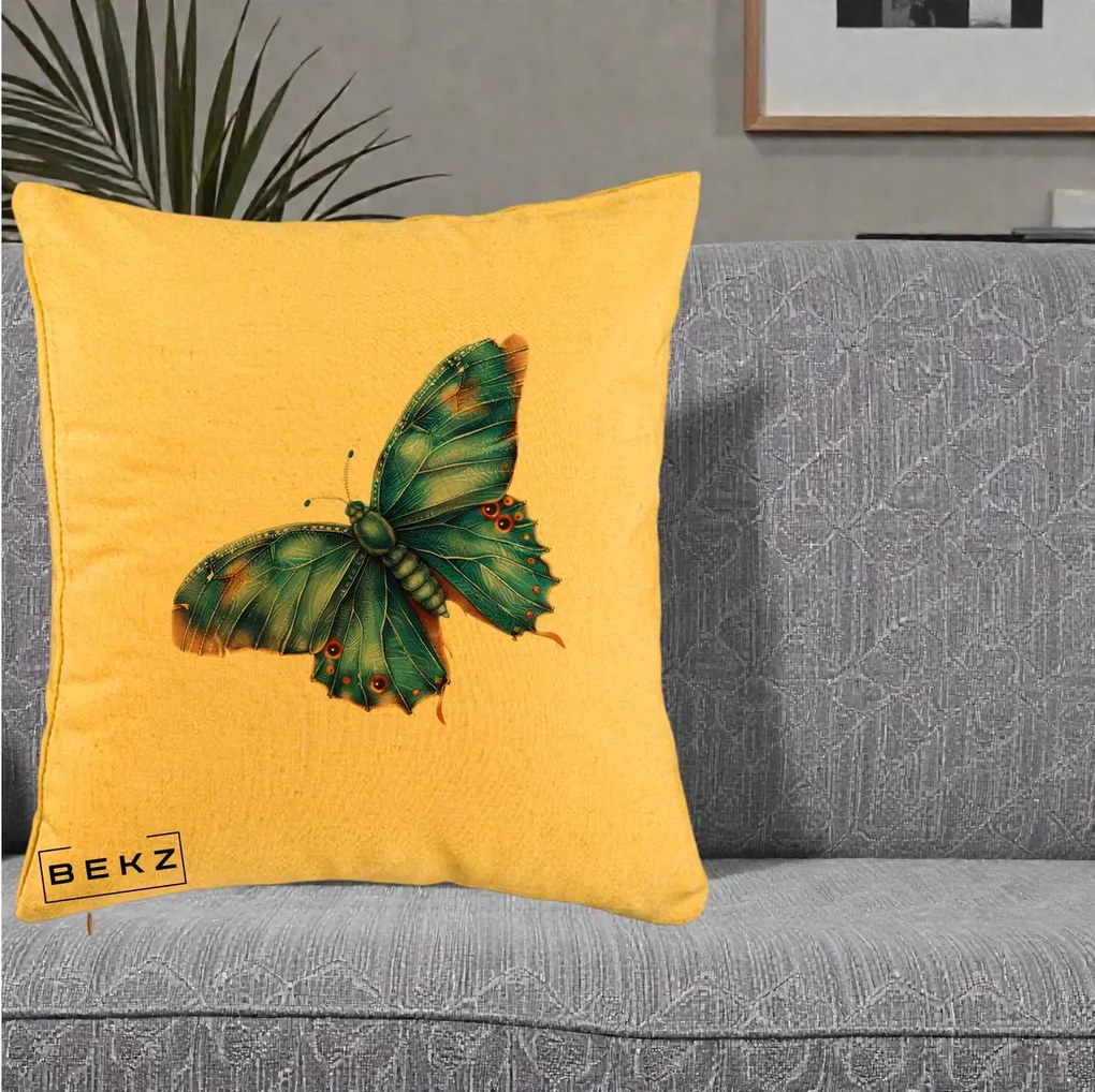 Perna Decorativa Fluture Albastru Satin cu Pete Aurii, 40x40 cm, Galben, Husa Detasabila, Perna Inclusa, BEKZ®