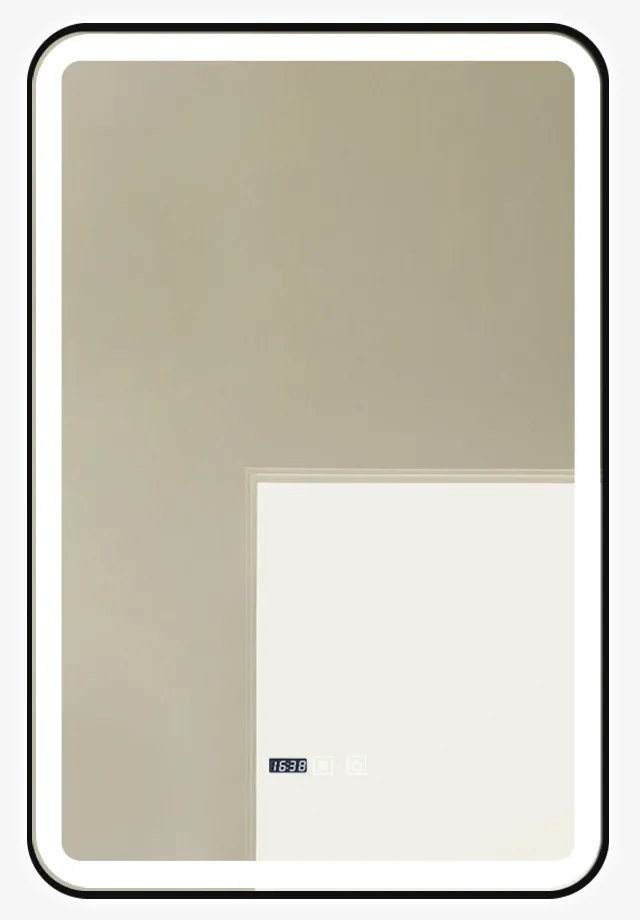 Oglindă Baie LED și Dezaburire Elit's Premium cu Senzor Touch, Lumina Rece, Caldă și Neutră, 60x90cm, cu rama Negru Antichizat, Ceas