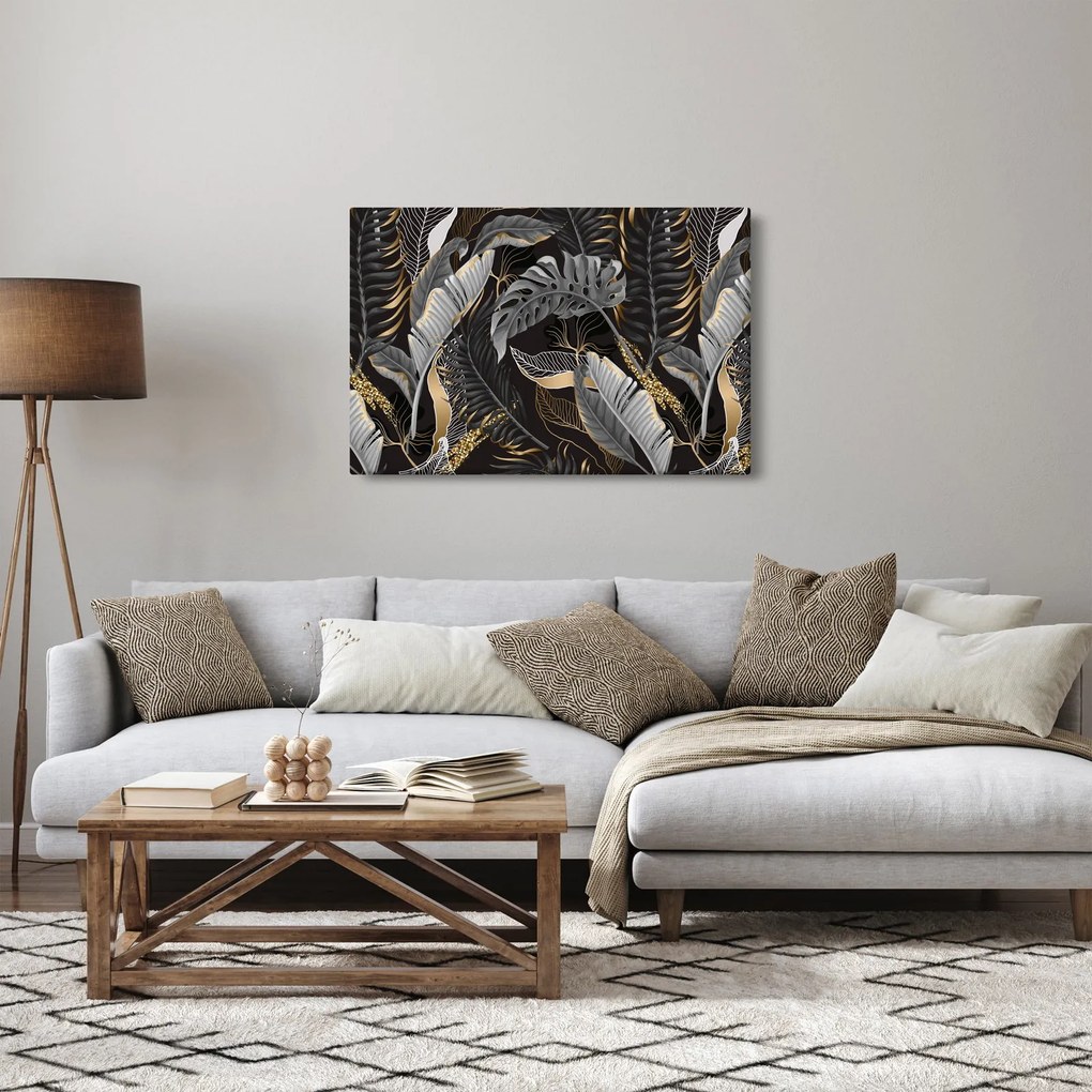 Tablou - Frunze tropicale, Galben - auriu (90x60 cm)