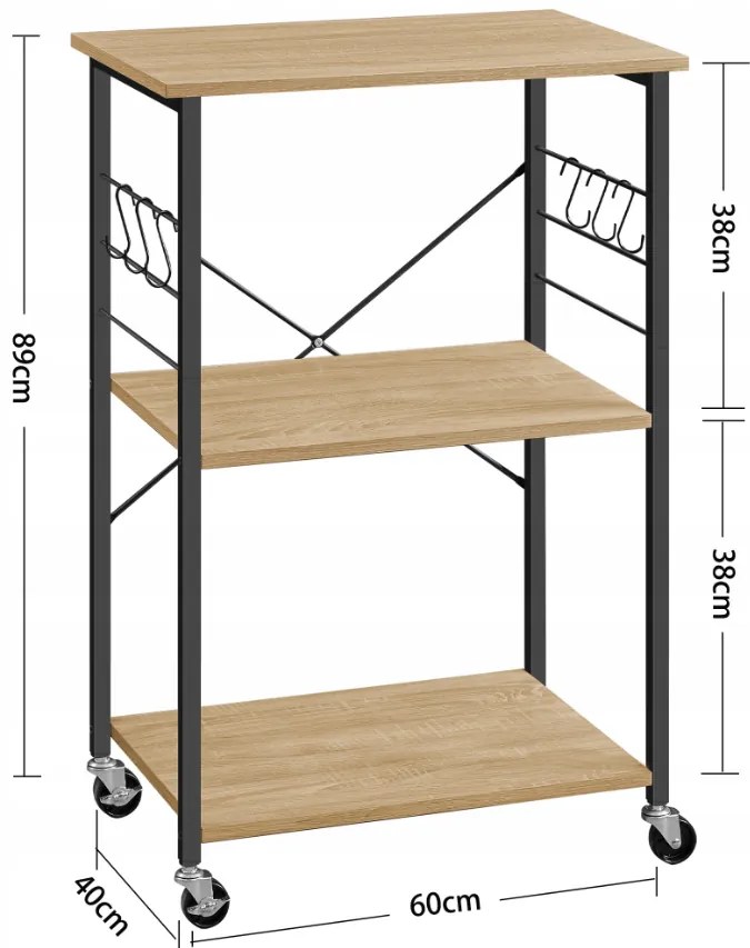 Raft multifunctional de bucatarie pe roti TRONUS, negru/dub sonoma